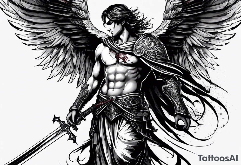 Male Angel with gothic wings and a sword with blood dripping from it. One side of angle represents darkness and the second of the angle represents light tattoo idea