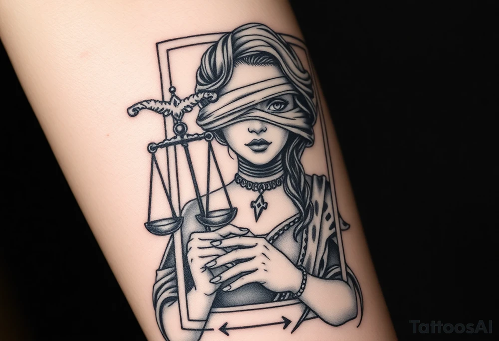 Fortuna's card as a beautiful woman with eyes covered with material, holds a scale in her hands. This character have to be in a card/frame tattoo idea