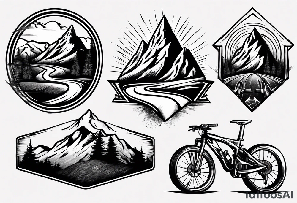 road cycle, flexing muscle and a mountain tattoo idea