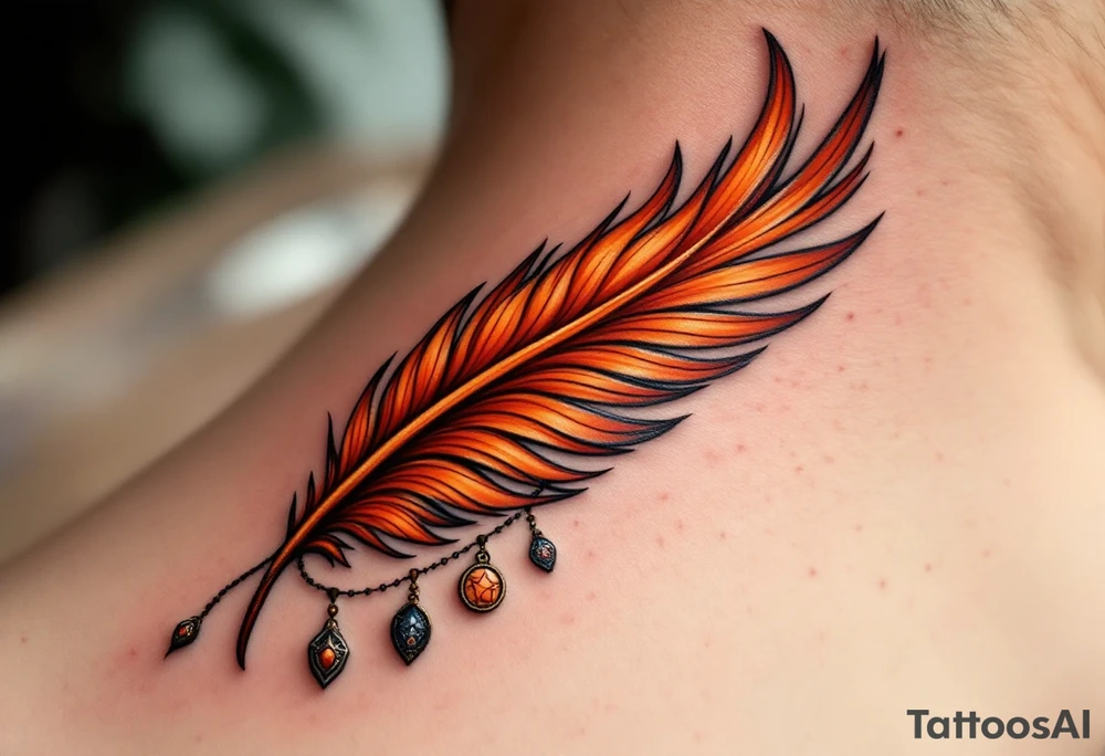 A burnt orange phoenix feather curling into a spiral with protective charms hanging from it. tattoo idea