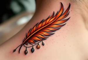 A burnt orange phoenix feather curling into a spiral with protective charms hanging from it. tattoo idea