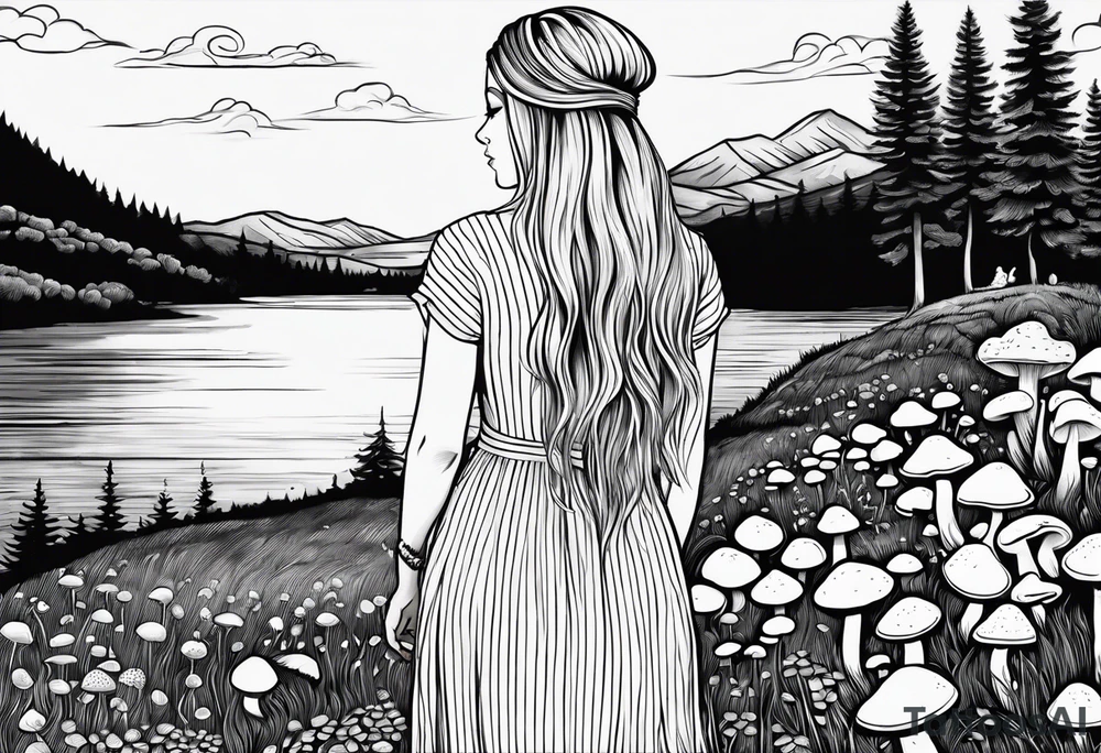 Straight long blonde hair hippie girl in distance holding mushrooms in hand facing away toward mountains and creek surrounded by mushrooms black and white striped dress tattoo idea