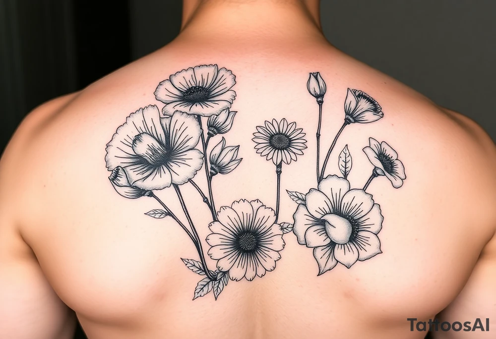 poppy, gladiolus, holly, narcissistic, daisy, and sweet pea tattoo idea