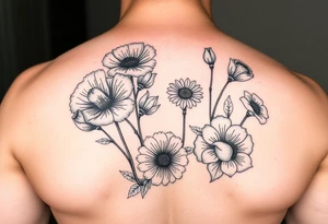 poppy, gladiolus, holly, narcissistic, daisy, and sweet pea tattoo idea