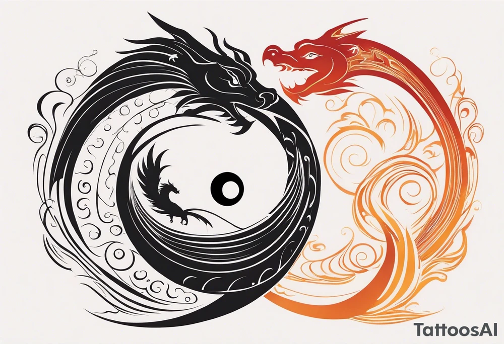 For a Gen Z-inspired dragon and phoenix tattoo, think of a clean, minimalist design that combines symbolism with bold, sleek lines. Imagine a dragon and phoenix spiraling together in a yin-yang-inspired layout. The dragon has a slightly abstract, modern shape, with sharp, flowing lines to show power, resilience, and wisdom, while the phoenix is rendered with sweeping curves and minimal detailing, symbolizing rebirth, growth, and transformation.

Both creatures should interact in a harmonious way, representing balance and duality. To keep it meaningful, focus on line work rather than intricate shading—clear, open spaces allow the tattoo to feel light and energetic. Adding small symbols, like stars or a faint galaxy backdrop, can enhance the "rising from ashes" and "strength through challenge" themes. This design will have a timeless appeal while resonating with Gen Z’s love for symbolism and simplicity. tattoo idea
