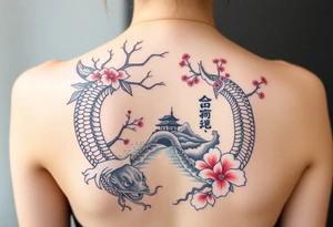 Dragon, coi fish, cherry blossom tree, ying yang, light house, landscape, water full back piece tattoo idea