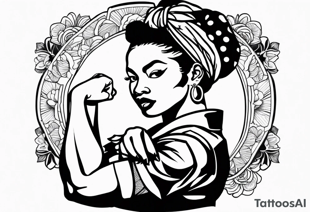 Beautiful black Rosie the riveter, making a muscle, realistic, wearing a bandanna, tied backwards, tattoo idea