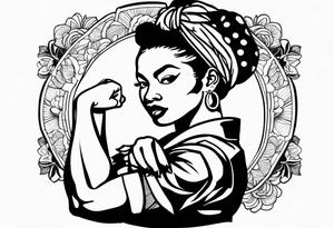 Beautiful black Rosie the riveter, making a muscle, realistic, wearing a bandanna, tied backwards, tattoo idea