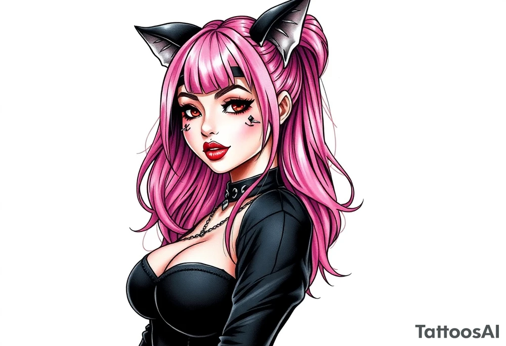 hot goth girl with puppy ears and with piercings on face and big boobs and big butt full body 
 with black outfit on with pink hair tattoo idea