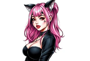 hot goth girl with puppy ears and with piercings on face and big boobs and big butt full body 
 with black outfit on with pink hair tattoo idea