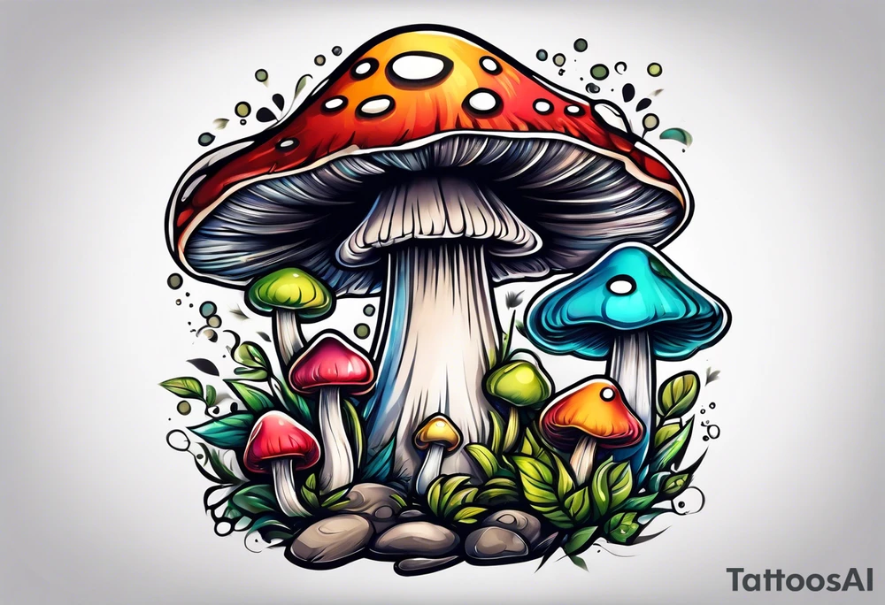 Happy anthropomorphic mushroom tattoo idea