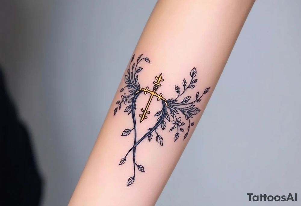 An enchanted bow made of intertwining vines and flowers, with golden Sagittarius glowing among the leaves tattoo idea