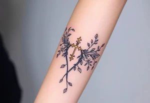 An enchanted bow made of intertwining vines and flowers, with golden Sagittarius glowing among the leaves tattoo idea