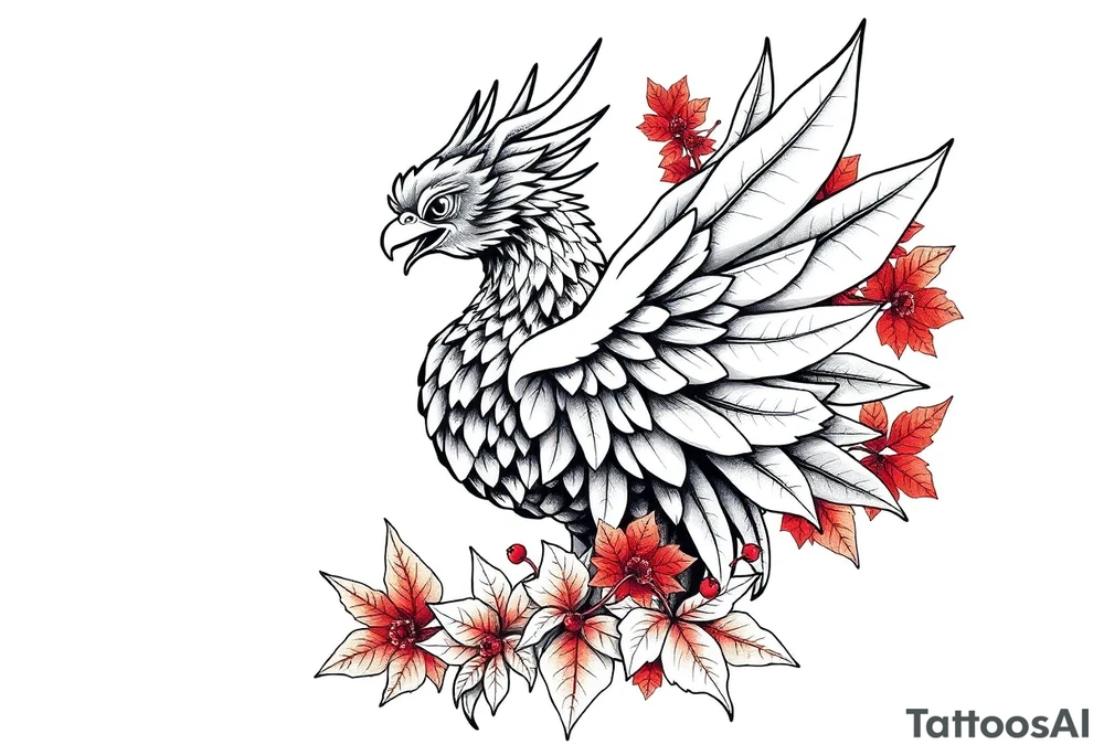 powerful majestic japanese phenix surrounded by maple leaf tattoo idea