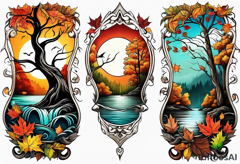 Knee tattoo with fall colors showing leaves, water flow, trees and sky tattoo idea