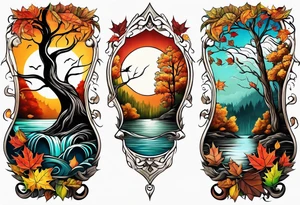 Knee tattoo with fall colors showing leaves, water flow, trees and sky tattoo idea
