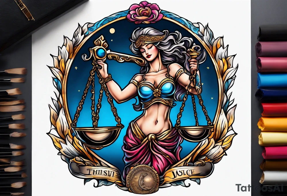 Themis holding the scales of justice while blindfolded with a moon in the background in color tattoo idea