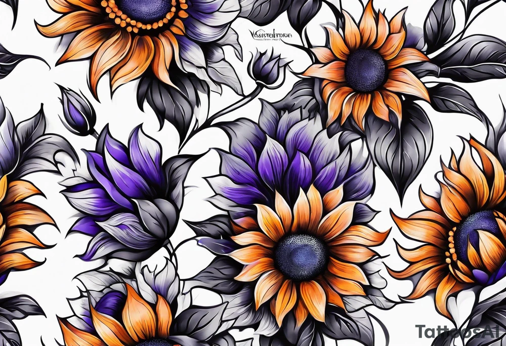 Full leg sleeve with purple, orange and blue sunflowers tattoo idea