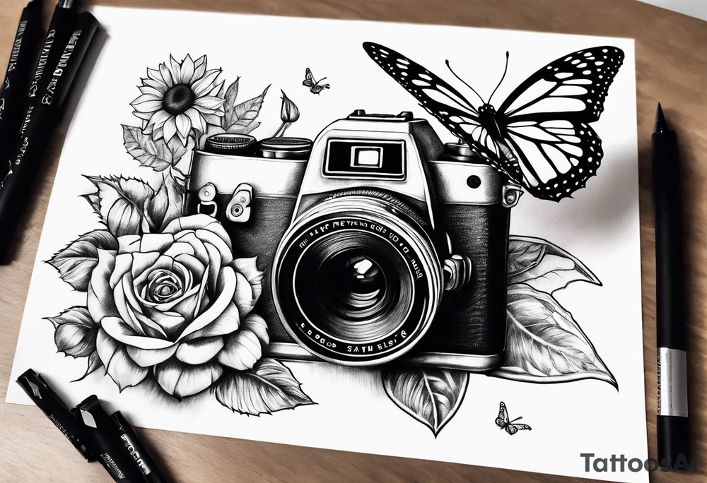 sunflower, camera, flower rose , book, butterfly tattoo idea sunflower, camera, flower rose , book, butterfly tattoo idea