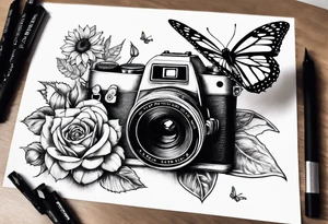 sunflower, camera, flower rose , book, butterfly tattoo idea