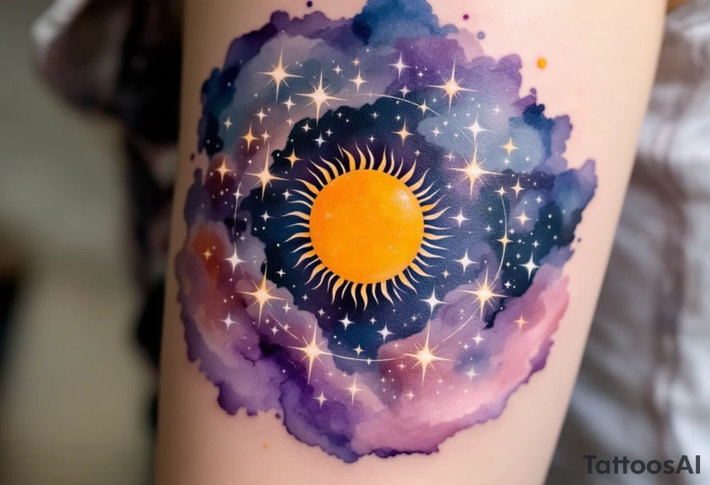 A circular design featuring the Sagittarius figure in the center, surrounded by a sun in golden yellow and star clusters in soft white. The background has a gradient of purple to dark blue, symbolizing Sagittarius' connection to both the sun and stars, representing enlightenment and wisdom. tattoo idea