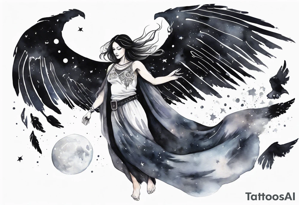 a beautiful 45 year old woman flying in the night sky with black wings, wearing a black and white cloak, bare feet tattoo idea