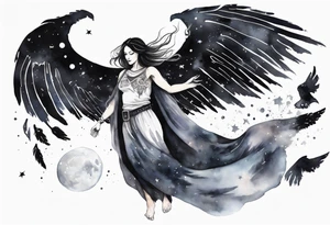 a beautiful 45 year old woman flying in the night sky with black wings, wearing a black and white cloak, bare feet tattoo idea