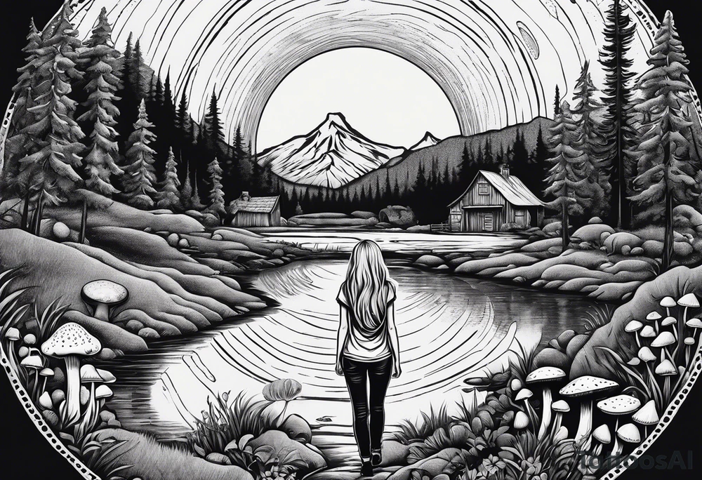 Whole picture encircled fully

Straight long blonde hair hippie girl in distance holding mushrooms in hand facing away toward mountains and creek surrounded by mushrooms tee shirt and hiking pants; whole rendering within a full circle, no cut off circle tattoo idea