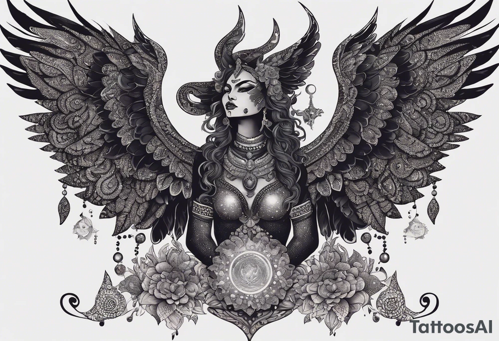 black kali, goddess pirate, alien, angel, pachamama, valkrye, warrior, flying, skull, lotus azul, wing, eagle, zenza resonance, stars, 5D, anahata chakra, death, durga, riding on a tiger, flying lady, kundalini, chest tatoo, samuri, rebel,serpent tattoo idea