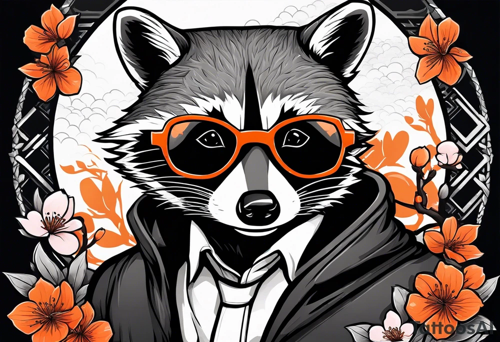 Raccoon wearing a white Superman logo on a black hoodie and orange Japanese cherry blossoms beside tattoo idea