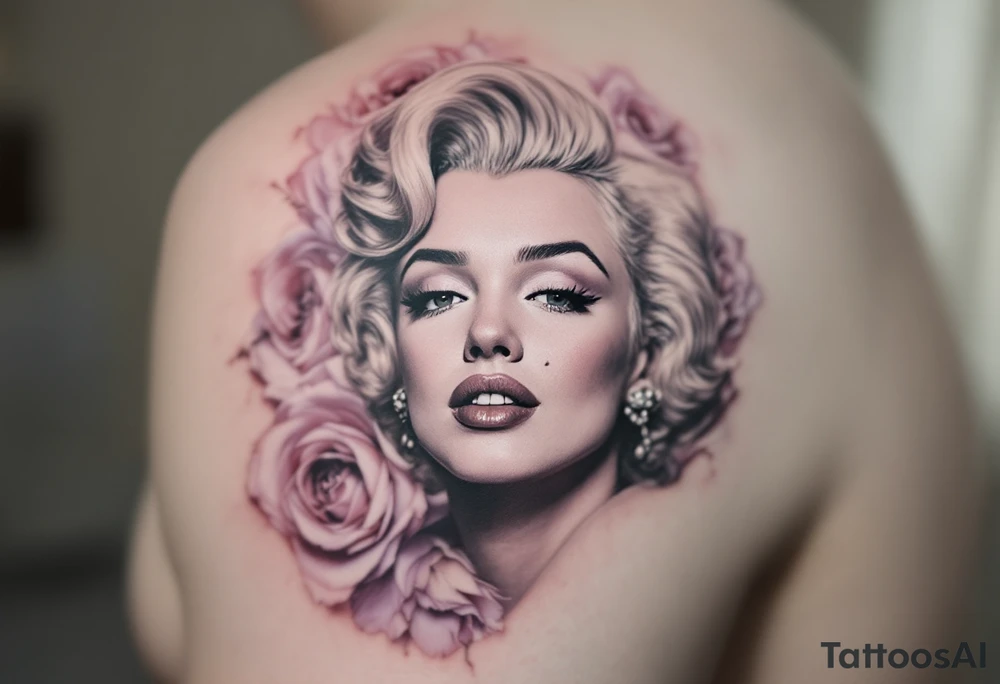 Grayscale Monroe portrait with a background of soft pastel roses in blush pink and lavender. tattoo idea