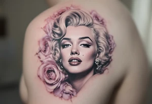 Grayscale Monroe portrait with a background of soft pastel roses in blush pink and lavender. tattoo idea