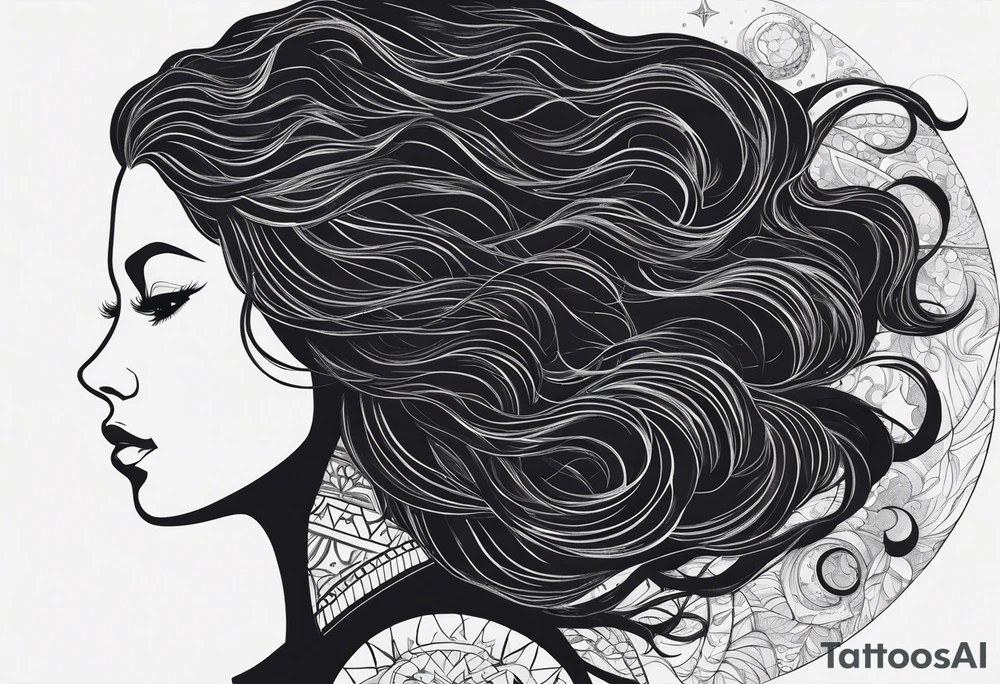 A shadow of a woman's head with long curly hair like Merida from Brave movie and her hair is made of stars planets and galaxies. Just the shadow of the woman no face tattoo idea