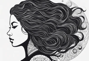 A shadow of a woman's head with long curly hair like Merida from Brave movie and her hair is made of stars planets and galaxies. Just the shadow of the woman no face tattoo idea