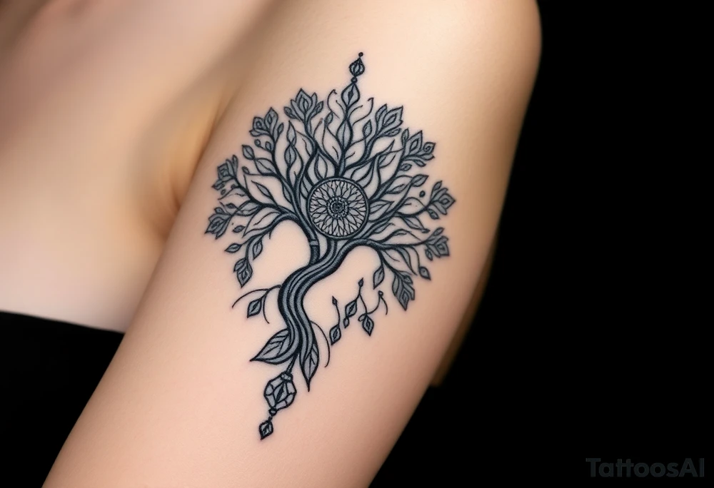 powerful, graceful, tree of life, with mandala incorporate, and jewels, sparkling tattoo idea