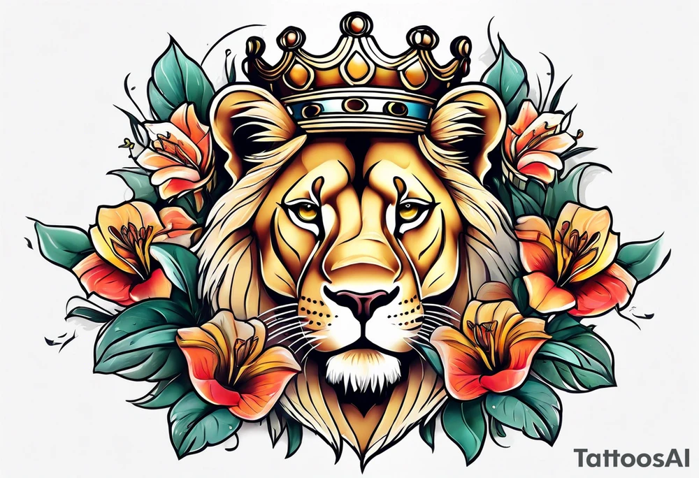 Lioness with money crown and lilies tattoo idea
