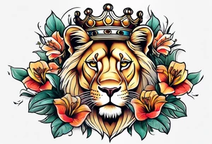Lioness with money crown and lilies tattoo idea