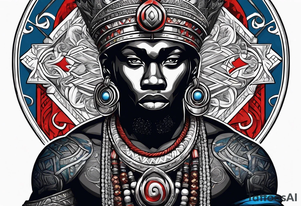 An african god, a warrior, that uses a sword and a silver crown. He also uses blue and red necklaces tattoo idea