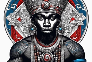 An african god, a warrior, that uses a sword and a silver crown. He also uses blue and red necklaces tattoo idea