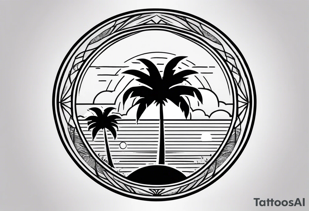 a minimalist tattoo of a sun and a palm tree with the words good vibes below it, make it only small and can fit in a circle tattoo idea