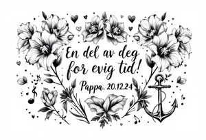 Quote in two rows; En del av deg for evig tid! Pappa, 20.12.24. Surround the quote with gladioluses on both sides, hearts, music notes and an anchor. tattoo idea