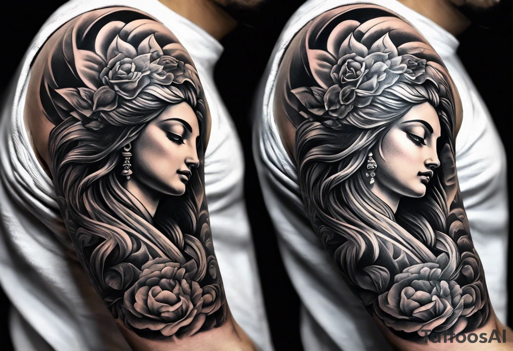 God statue forearm sleeve tattoo idea