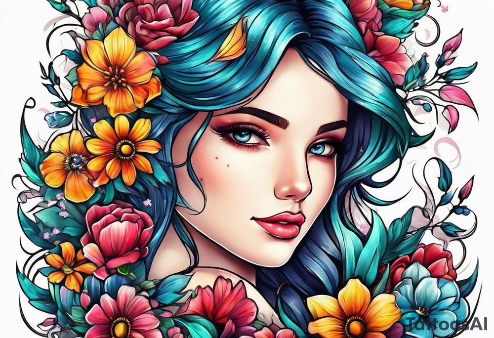 The number seven surrounded by colorful flowers tattoo idea
