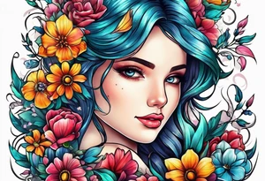 The number seven surrounded by colorful flowers tattoo idea