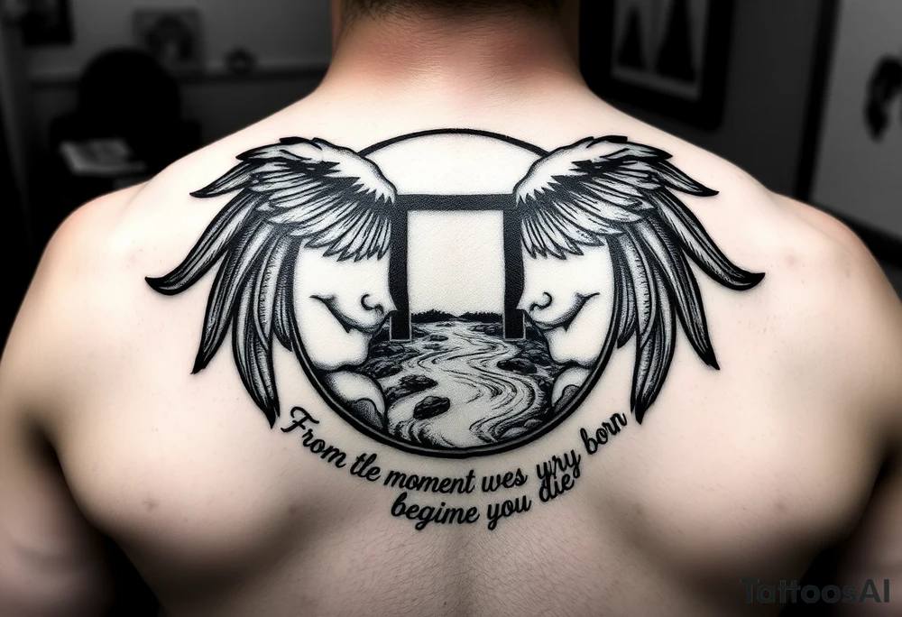 Incorporate the gemini symbol with a river and the words from the moment we are born we begin to die in Latin tattoo idea