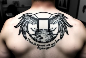 Incorporate the gemini symbol with a river and the words from the moment we are born we begin to die in Latin tattoo idea