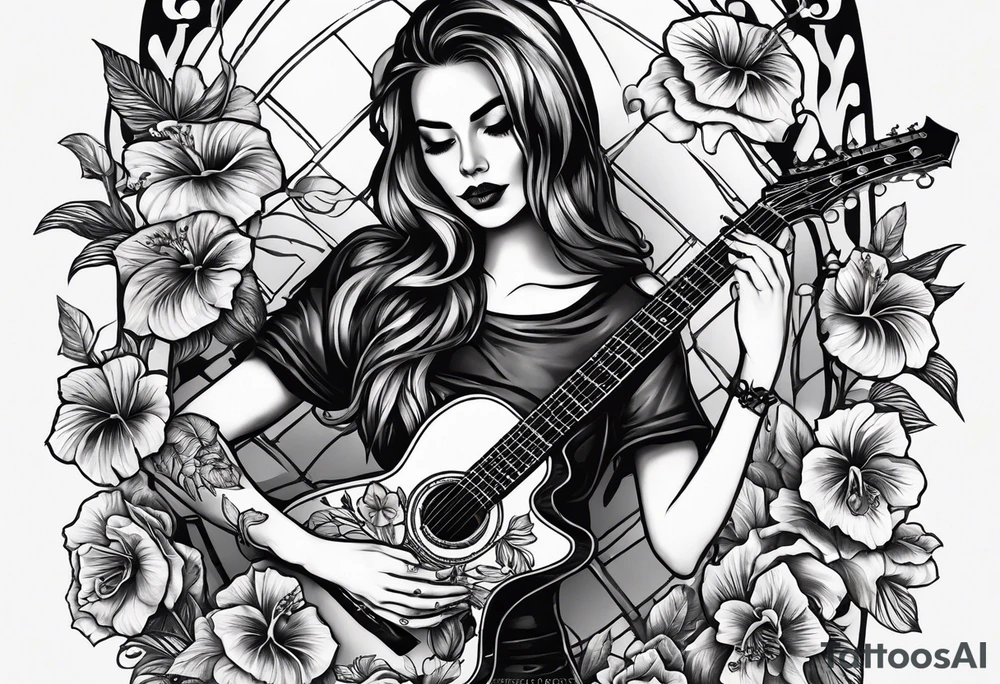 a female skeleton holding a hibiscus flower and a male skeleton playing a guitar. tattoo idea