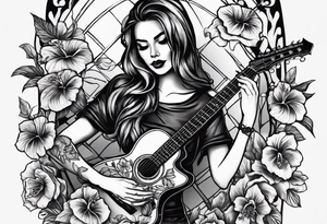 a female skeleton holding a hibiscus flower and a male skeleton playing a guitar. tattoo idea