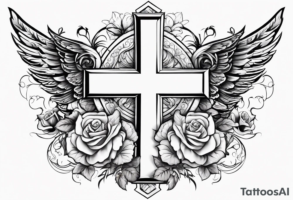 Cross with clouds wings roses tattoo idea
