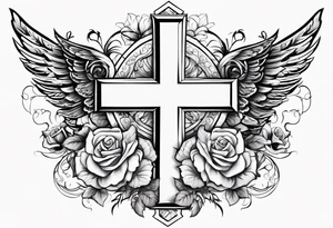 Cross with clouds wings roses tattoo idea